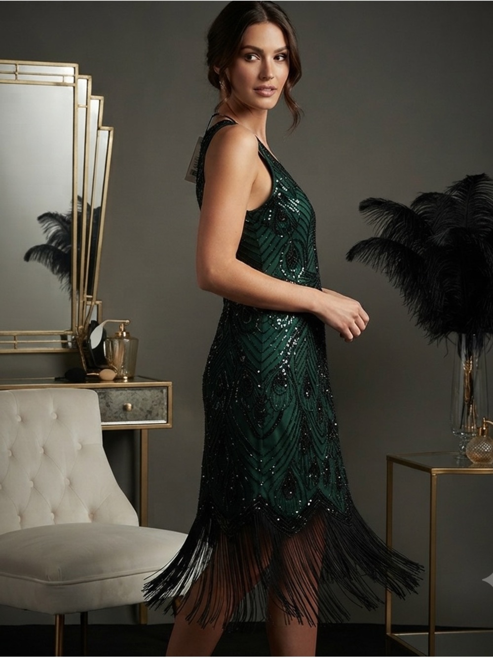 NWT Vintage 1920s Flapper Dress Emerald Green Sequin Beaded Fringe Midi XXL